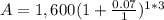 A=1,600(1+\frac{0.07}{1})^{1*3}