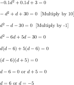 -0.1d^2+0.1d+3=0\\ \\-d^2+d+30=0\ \ [\text{Multiply by 10}]\\ \\d^2-d-30=0\ \ [\text{Multiply by -1}]\\ \\d^2-6d+5d-30=0\\ \\d(d-6)+5(d-6)=0\\ \\(d-6)(d+5)=0\\ \\d-6=0\ \text{or}\ d+5=0\\ \\d=6\ \text{or}\ d=-5