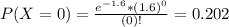 P(X = 0) = \frac{e^{-1.6}*(1.6)^{0}}{(0)!} = 0.202