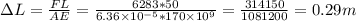 \Delta L = \frac{F L}{A E} = \frac{6283*50}{6.36\times 10^{-5} * 170 \times 10^9} = \frac{314150}{1081200} = 0.29 m