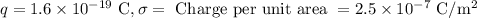 q=1.6 \times 10^{-19}\ \mathrm{C}, \sigma=\text { Charge per unit area }=2.5 \times 10^{-7}\ \mathrm{C} / \mathrm{m}^{2}