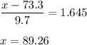 \displaystyle\frac{x - 73.3}{9.7} = 1.645\\\\x = 89.26