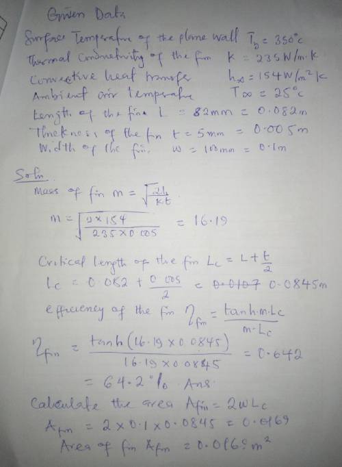 A plane wall with surface temperature of 350°C is attached with straight rectangular fins (k = 235 W