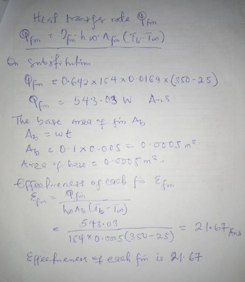 A plane wall with surface temperature of 350°C is attached with straight rectangular fins (k = 235 W