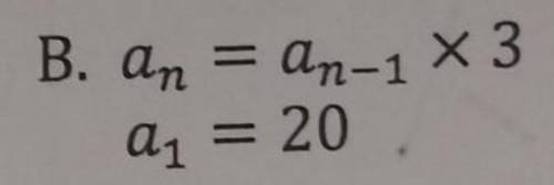 Use the explicit rule given to write recursive rule for the geometric sequence:a_n = 20(3)^(n-1)