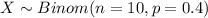X \sim Binom(n=10, p=0.4)
