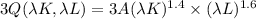 3Q(\lambda{K},\lambda{L})=3A(\lambda{K})^{1.4}\times(\lambda{L})^{1.6}