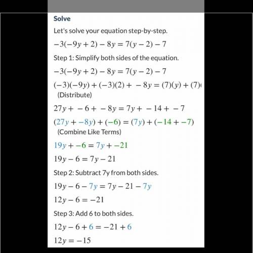 Solve for y. - 3(-9y + 2) - 8y = 7(y-2)-7 Simplify your answer as much as possible.