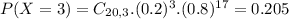 P(X = 3) = C_{20,3}.(0.2)^{3}.(0.8)^{17} = 0.205