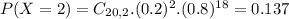 P(X = 2) = C_{20,2}.(0.2)^{2}.(0.8)^{18} = 0.137