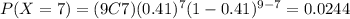 P(X=7)=(9C7)(0.41)^7 (1-0.41)^{9-7}=0.0244