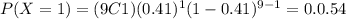 P(X=1)=(9C1)(0.41)^1 (1-0.41)^{9-1}=0.0.54