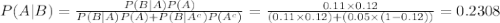P(A|B)=\frac{P(B|A)P(A)}{P(B|A)P(A)+P(B|A^{c})P(A^{c})}=\frac{0.11\times 0.12}{(0.11\times 0.12)+(0.05\times (1-0.12))}=0.2308
