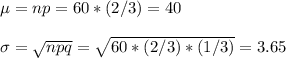 \mu=np=60*(2/3)=40\\\\\sigma=\sqrt{npq}=\sqrt{60*(2/3)*(1/3)} =3.65