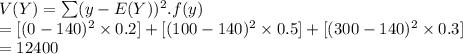 V(Y) = \sum (y-E(Y))^{2}. f(y)\\=[(0-140)^{2}\times0.2]+[(100-140)^{2}\times0.5]+[(300-140)^{2}\times0.3]\\=12400