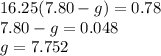 16.25 (7.80 - g) = 0.78\\          7.80 - g   = 0.048\\                     g   = 7. 752