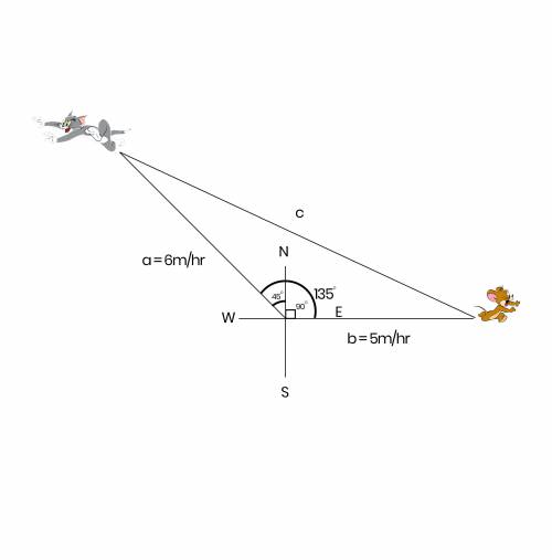 Tom and Jerry start at the same location. Tom is travelling due east at a velocity of 5 m/hr. Jerry