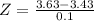 Z = \frac{3.63 - 3.43}{0.1}