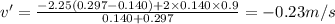 v'=\frac{-2.25(0.297-0.140)+2\times 0.140\times 0.9}{0.140+0.297}=-0.23 m/s