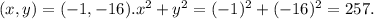 (x,y) = (-1,-16). x^{2} +y^{2} = (-1)^{2} + (-16)^{2} = 257.