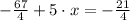 -\frac{67}{4} + 5\cdot x = -\frac{21}{4}