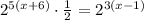 2^{5(x+6)} \cdot \frac{1}{2}=2^{3(x-1)}
