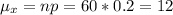 \mu_{x} = np = 60*0.2 = 12