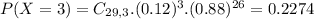 P(X = 3) = C_{29,3}.(0.12)^{3}.(0.88)^{26} = 0.2274