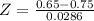 Z = \frac{0.65 - 0.75}{0.0286}