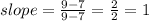 slope=\frac{9-7}{9-7} =\frac{2}{2} =1