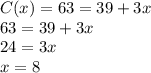 C(x) = 63= 39 + 3x\\63 = 39 + 3x\\24 = 3x\\x = 8