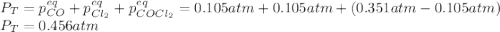 P_T=p_{CO}^{eq}+p_{Cl_2}^{eq}+p_{COCl_2}^{eq}=0.105atm+0.105atm+(0.351atm-0.105atm)\\P_T=0.456atm