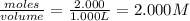 \frac{moles}{volume}=\frac{2.000}{1.000L}=2.000M