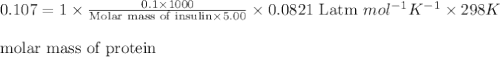 0.107=1\times \frac{0.1\times 1000}{\text{Molar mass of insulin}\times 5.00}\times 0.0821\text{ Latm }mol^{-1}K^{-1}\times 298K\\\\\text{molar mass of protein}