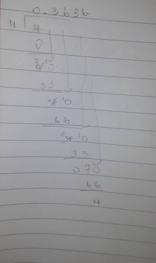 Convert the fraction 4/11 to a decimal using long division.