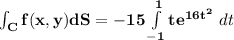 \mathbf{\int_Cf(x,y) dS = -15\int\limits^1_{-1}te^{16t^2}} \ dt}