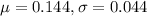 \mu = 0.144, \sigma = 0.044