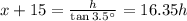 x + 15 = \frac{h}{\tan 3.5^{\circ}} = 16.35h