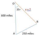 A plane flies due south for 600 miles. It turns and flies 250 miles , 35 degrees east of south. How