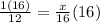 \frac{1(16)}{12}  = \frac{x}{16}(16)