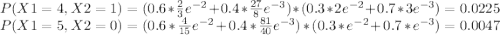 P(X1 = 4, X2 = 1) = (0.6* \frac{2}{3}e^{-2} + 0.4*\frac{27}{8}e^{-3}) * (0.3*2e^{-2}  + 0.7*3e^{-3}) = 0.0225\\P(X1 = 5, X2 = 0) = (0.6* \frac{4}{15}e^{-2} + 0.4*\frac{81}{40}e^{-3}) * (0.3*e^{-2}  + 0.7*e^{-3}) = 0.0047