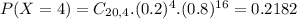 P(X = 4) = C_{20,4}.(0.2)^{4}.(0.8)^{16} = 0.2182