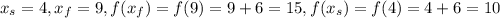 x_{s} = 4, x_{f} = 9, f(x_{f}) = f(9) = 9+6 = 15, f(x_{s}) = f(4) = 4+6 = 10