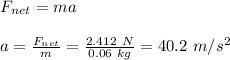 F_{net}=ma\\\\a=\frac{F_{net}}{m}=\frac{2.412\ N}{0.06\ kg}=40.2\ m/s^2