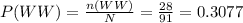 P(WW)=\frac{n(WW)}{N}=\frac{28}{91}=0.3077