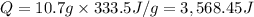 Q=10.7 g\times 333.5 J/g=3,568.45 J