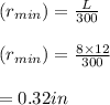 (r_{min}) = \frac{L}{300} \\\\(r_{min}) = \frac{8 \times 12 }{300} \\\\= 0.32in