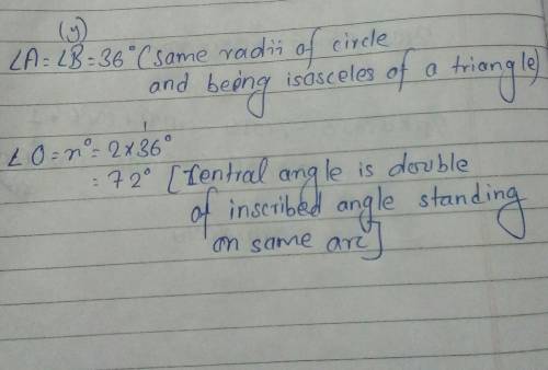 Given circle O, angle A has a measure of 36° and the radius is 10 cm, find the values of x and y.