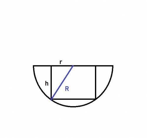 A hemisphere of radius 7 sits on a horizontal plane. A cylinder stands with its axis vertical, the c
