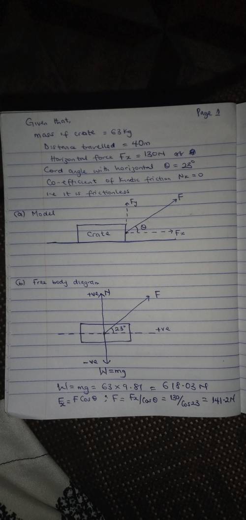 A person pulls a crate of mass M = 63 kg a distance 40.0 m along a horizontal floor by a constant fo